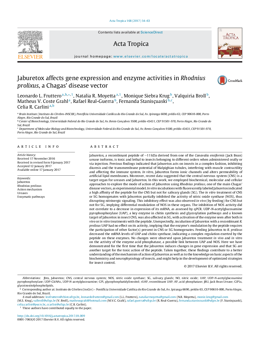 Jaburetox affects gene expression and enzyme activities in Rhodnius prolixus, a Chagas' disease vector