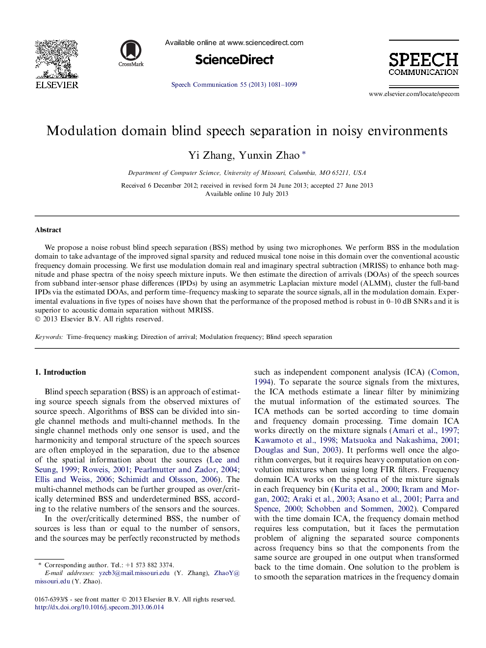 Modulation domain blind speech separation in noisy environments