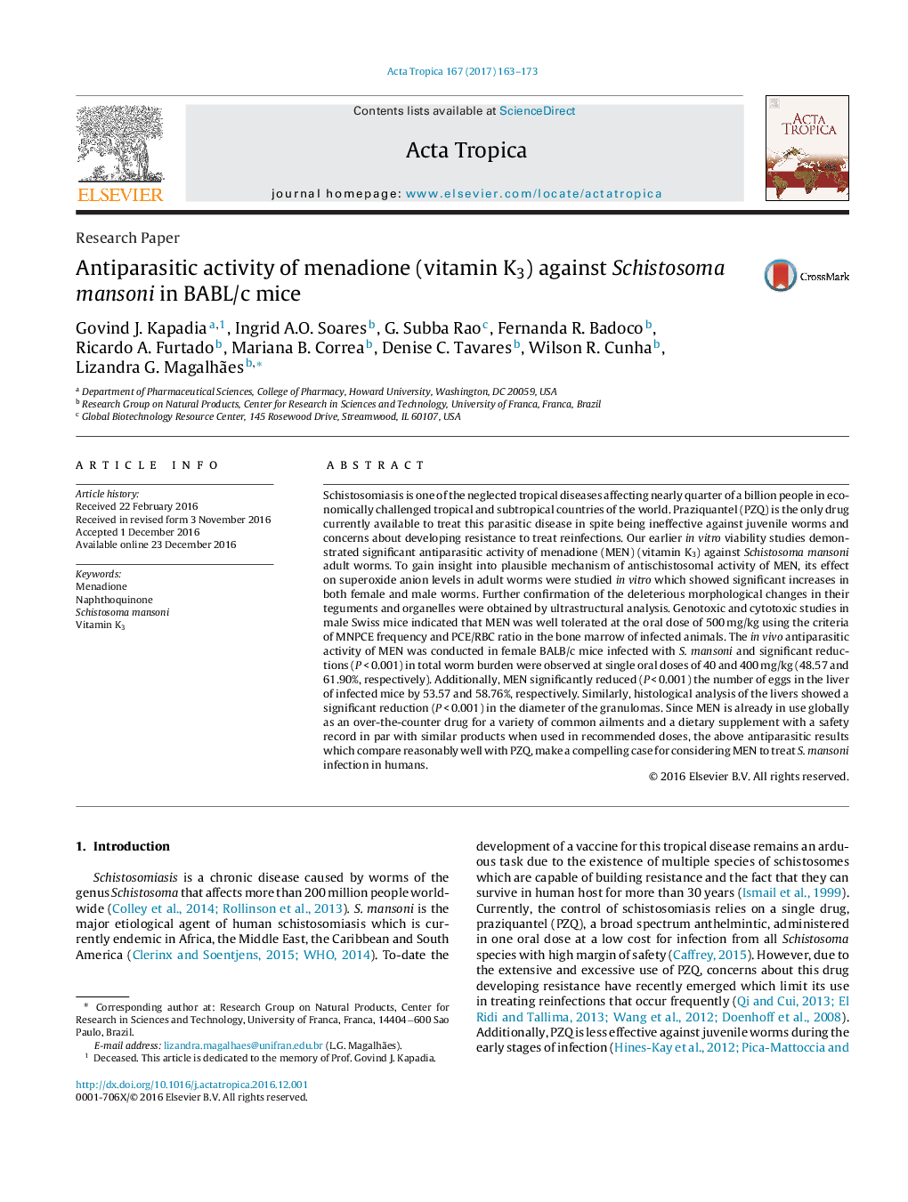 Antiparasitic activity of menadione (vitamin K3) against Schistosoma mansoni in BABL/c mice