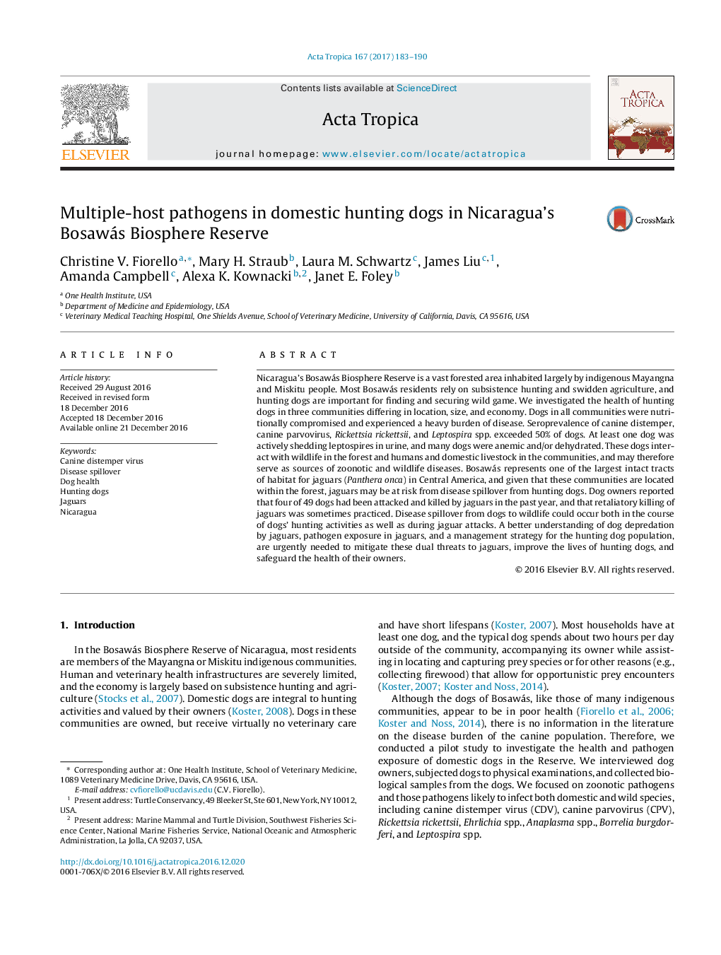 Multiple-host pathogens in domestic hunting dogs in Nicaragua's Bosawás Biosphere Reserve