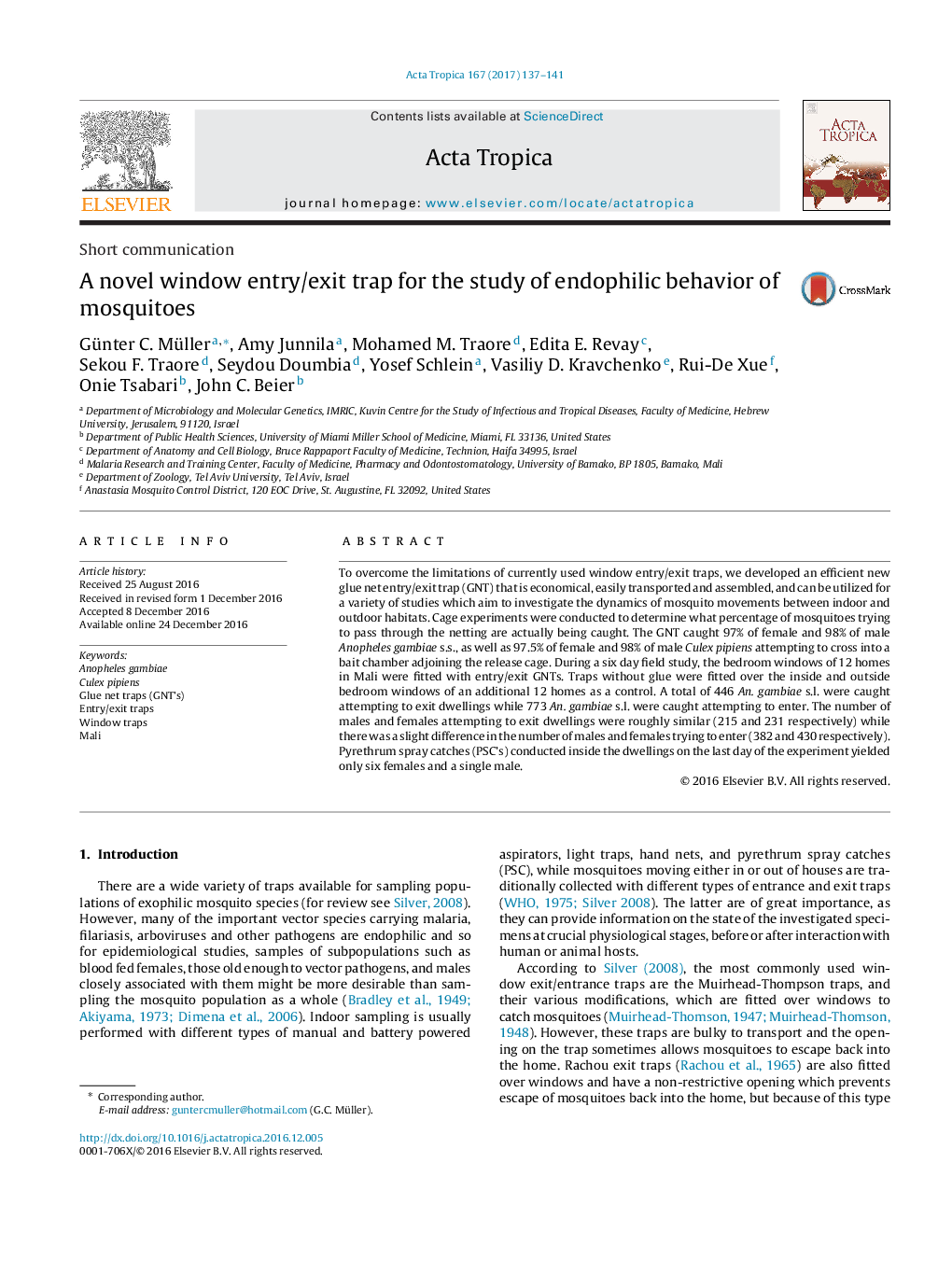 A novel window entry/exit trap for the study of endophilic behavior of mosquitoes