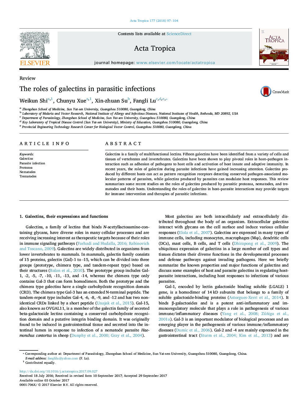 The roles of galectins in parasitic infections