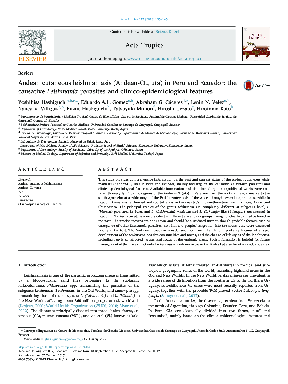 Andean cutaneous leishmaniasis (Andean-CL, uta) in Peru and Ecuador: the causative Leishmania parasites and clinico-epidemiological features