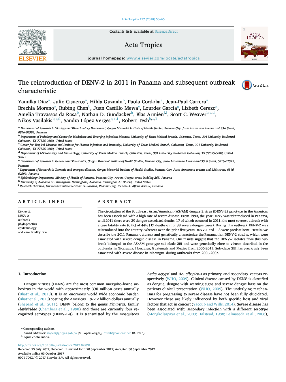 The reintroduction of DENV-2 in 2011 in Panama and subsequent outbreak characteristic