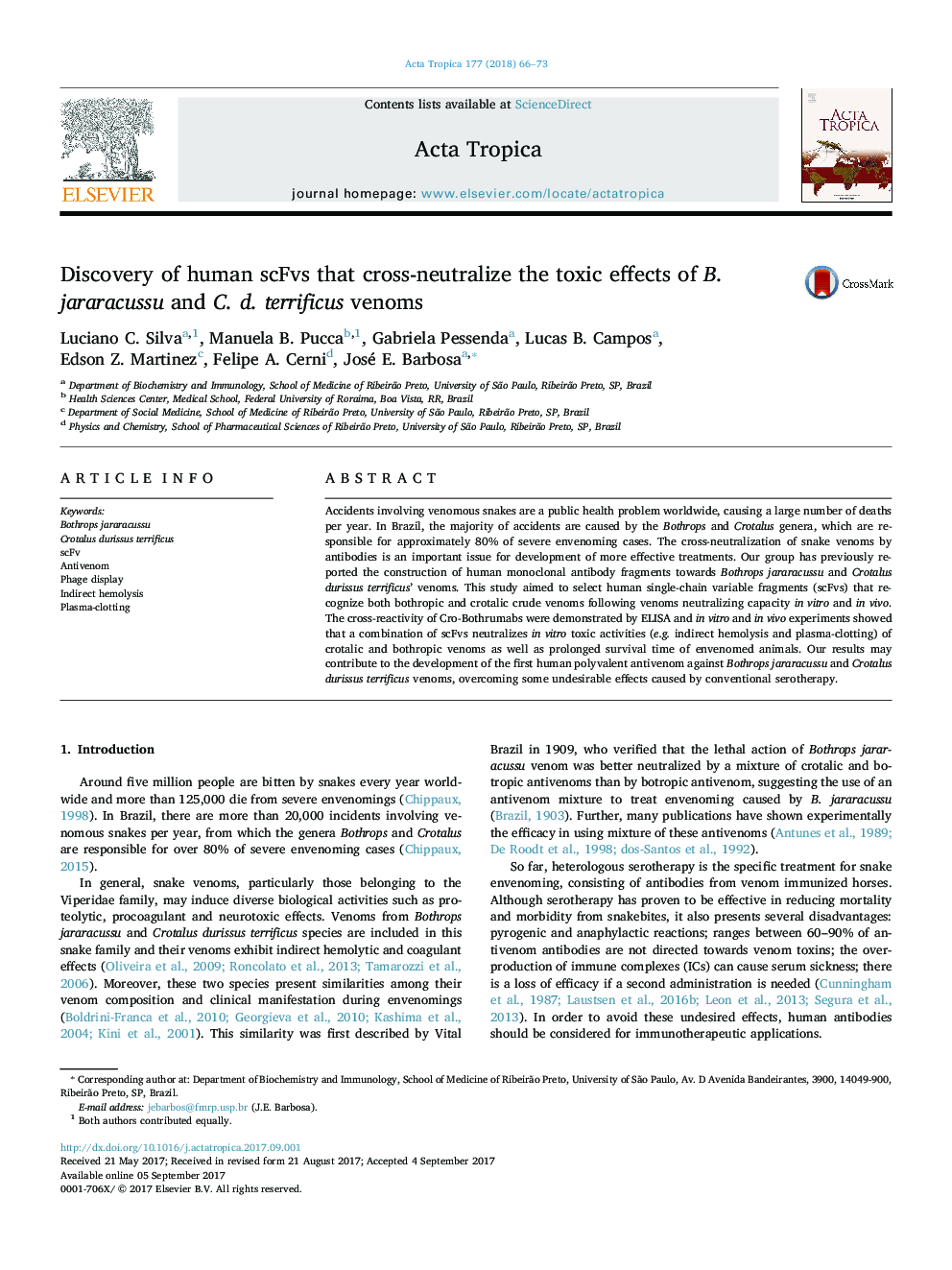 Discovery of human scFvs that cross-neutralize the toxic effects of B. jararacussu and C. d. terrificus venoms