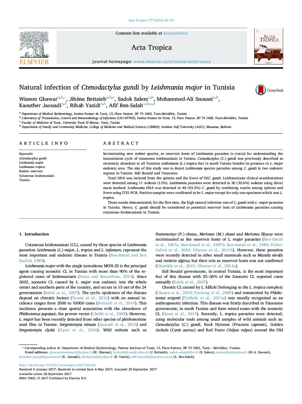 Natural infection of Ctenodactylus gundi by Leishmania major in Tunisia