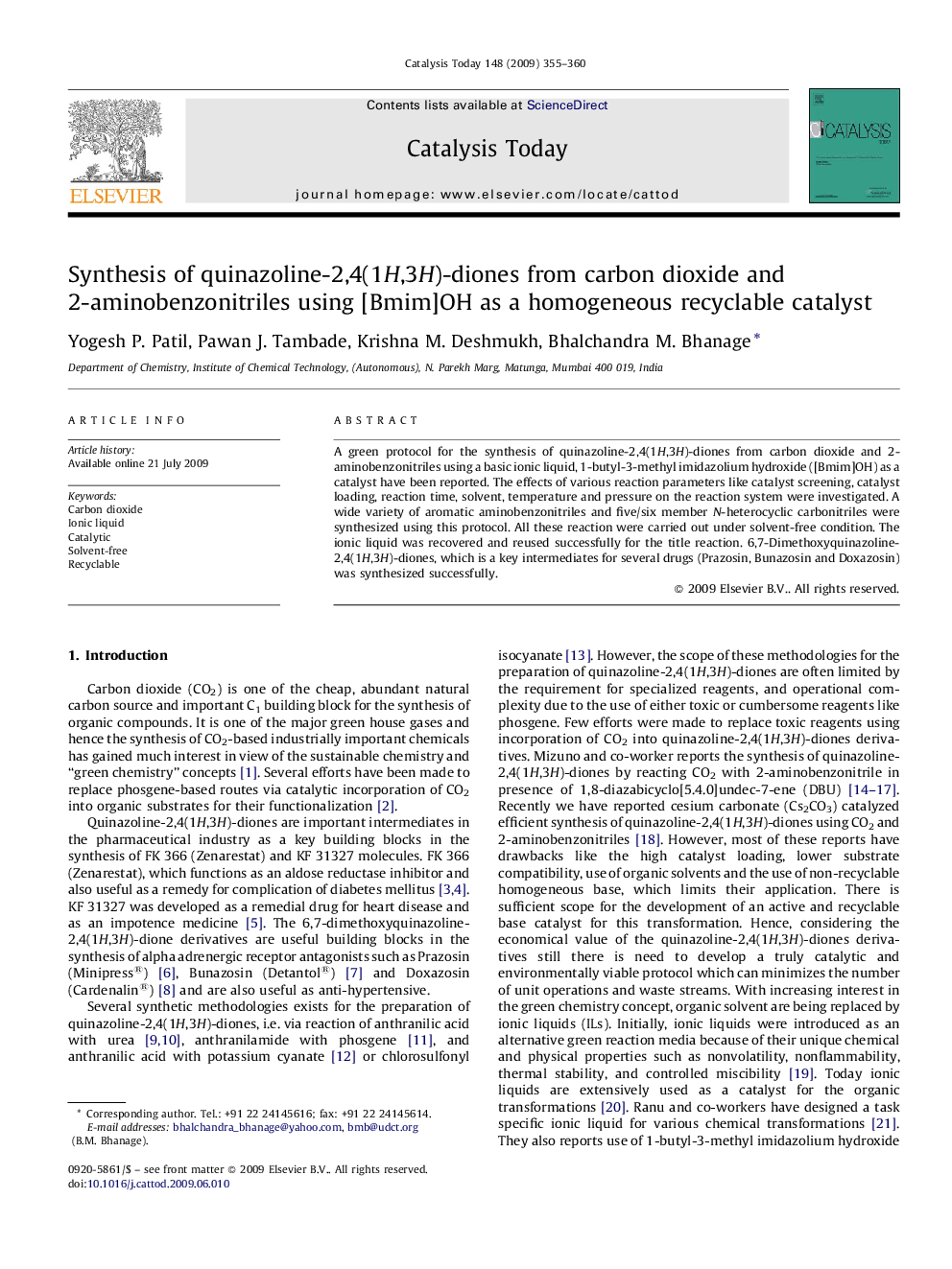 Synthesis of quinazoline-2,4(1H,3H)-diones from carbon dioxide and 2-aminobenzonitriles using [Bmim]OH as a homogeneous recyclable catalyst