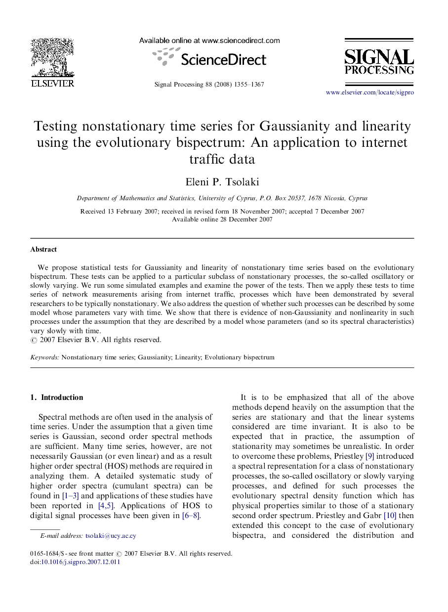 Testing nonstationary time series for Gaussianity and linearity using the evolutionary bispectrum: An application to internet traffic data