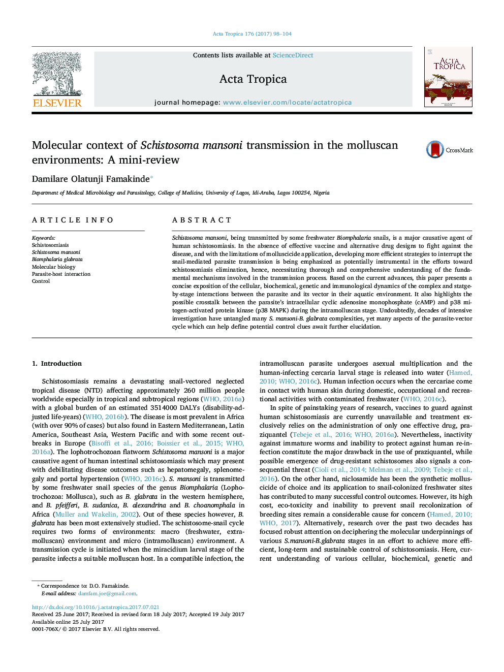 Molecular context of Schistosoma mansoni transmission in the molluscan environments: A mini-review