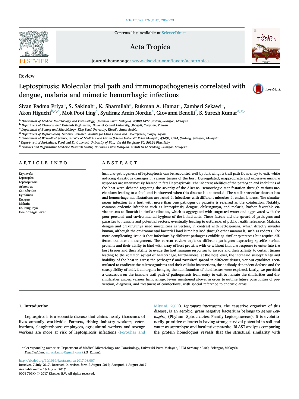 Leptospirosis: Molecular trial path and immunopathogenesis correlated with dengue, malaria and mimetic hemorrhagic infections