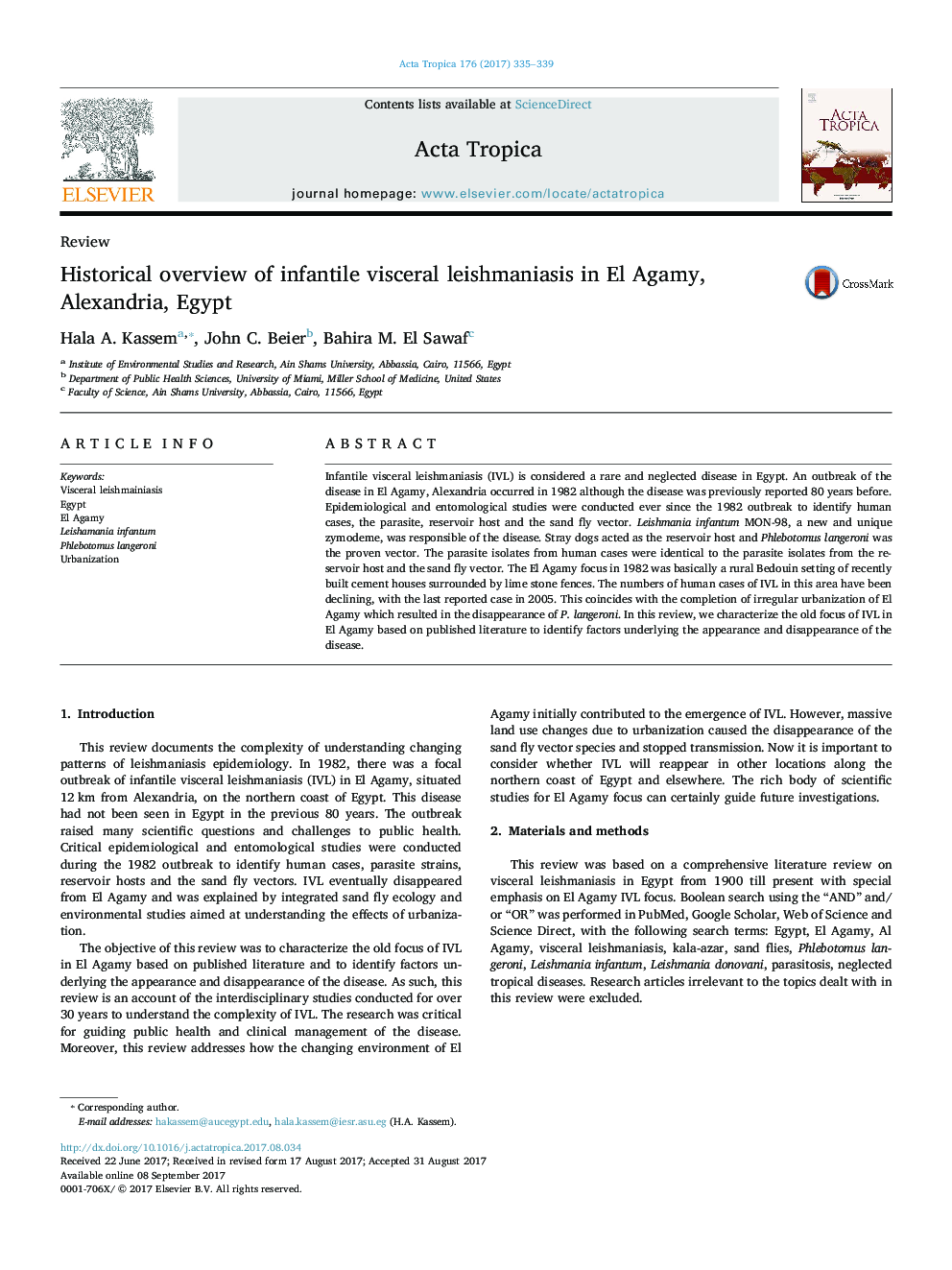 Historical overview of infantile visceral leishmaniasis in El Agamy, Alexandria, Egypt