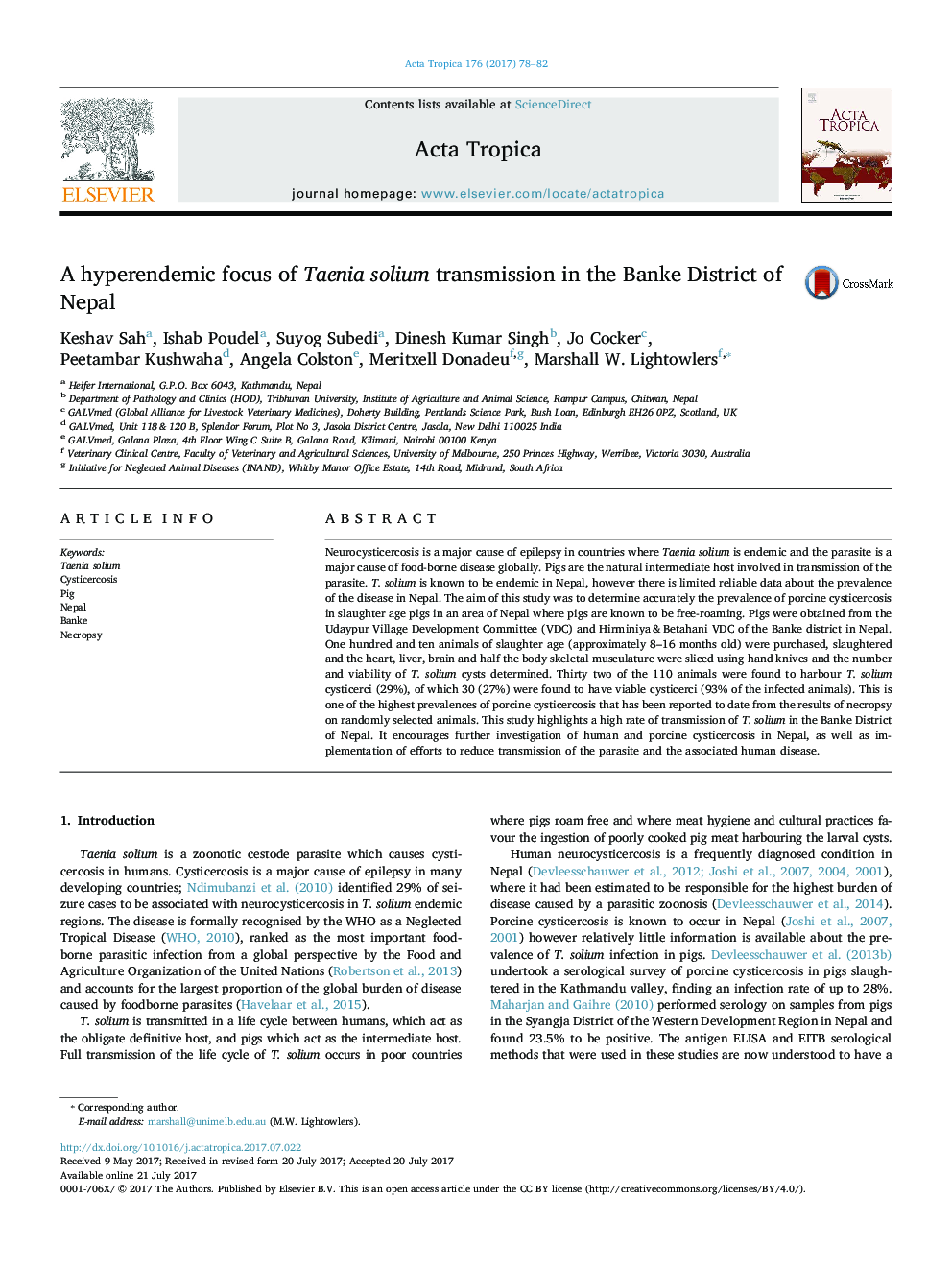 A hyperendemic focus of Taenia solium transmission in the Banke District of Nepal