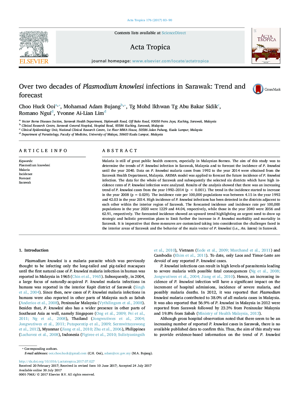 Over two decades of Plasmodium knowlesi infections in Sarawak: Trend and forecast