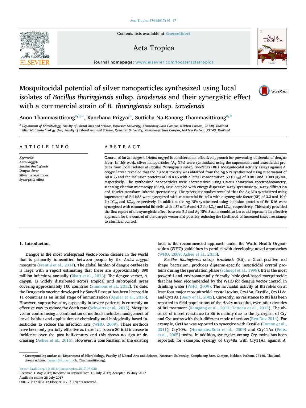 Mosquitocidal potential of silver nanoparticles synthesized using local isolates of Bacillus thuringiensis subsp. israelensis and their synergistic effect with a commercial strain of B. thuringiensis subsp. israelensis