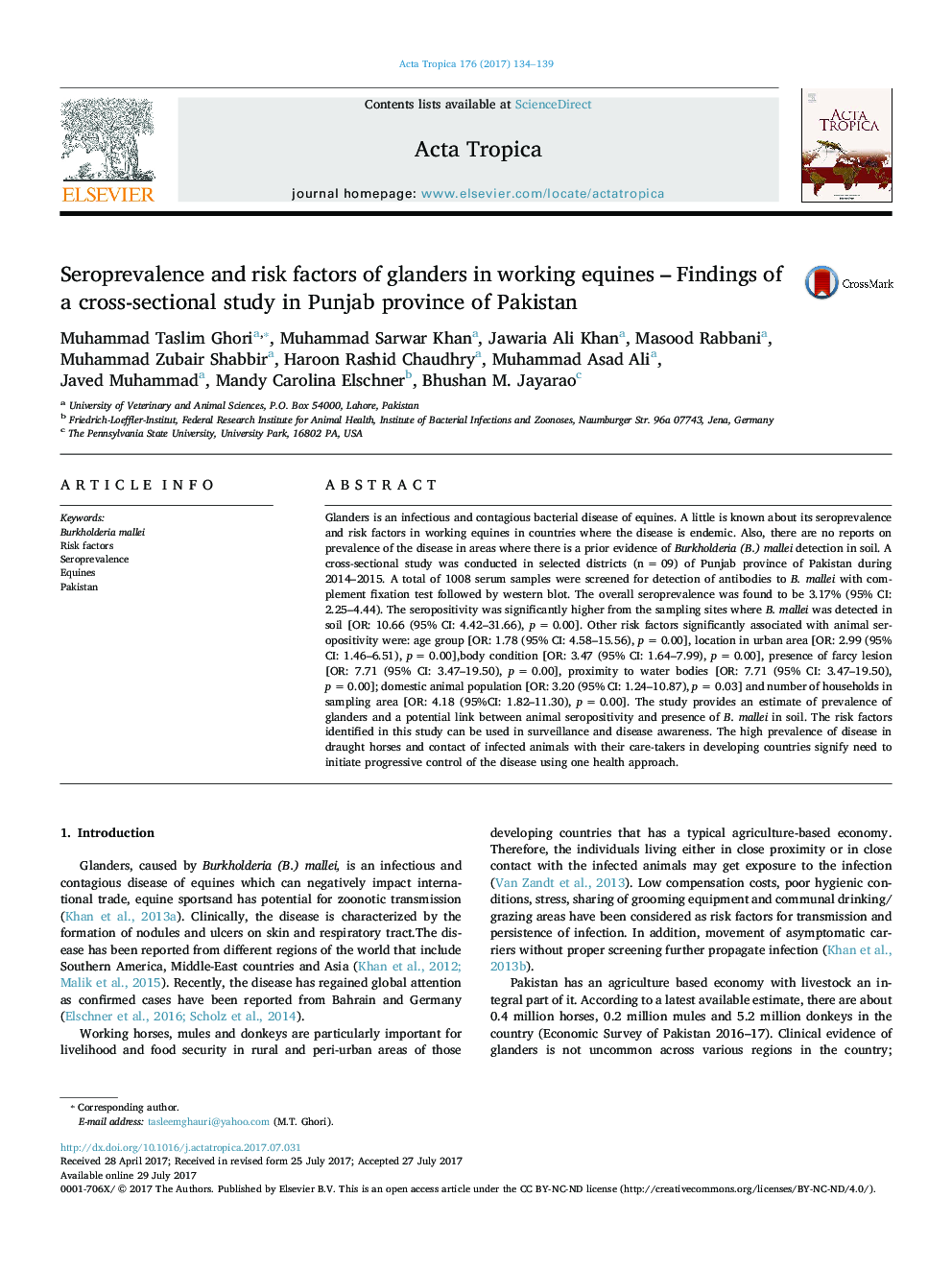 Seroprevalence and risk factors of glanders in working equines - Findings of a cross-sectional study in Punjab province of Pakistan