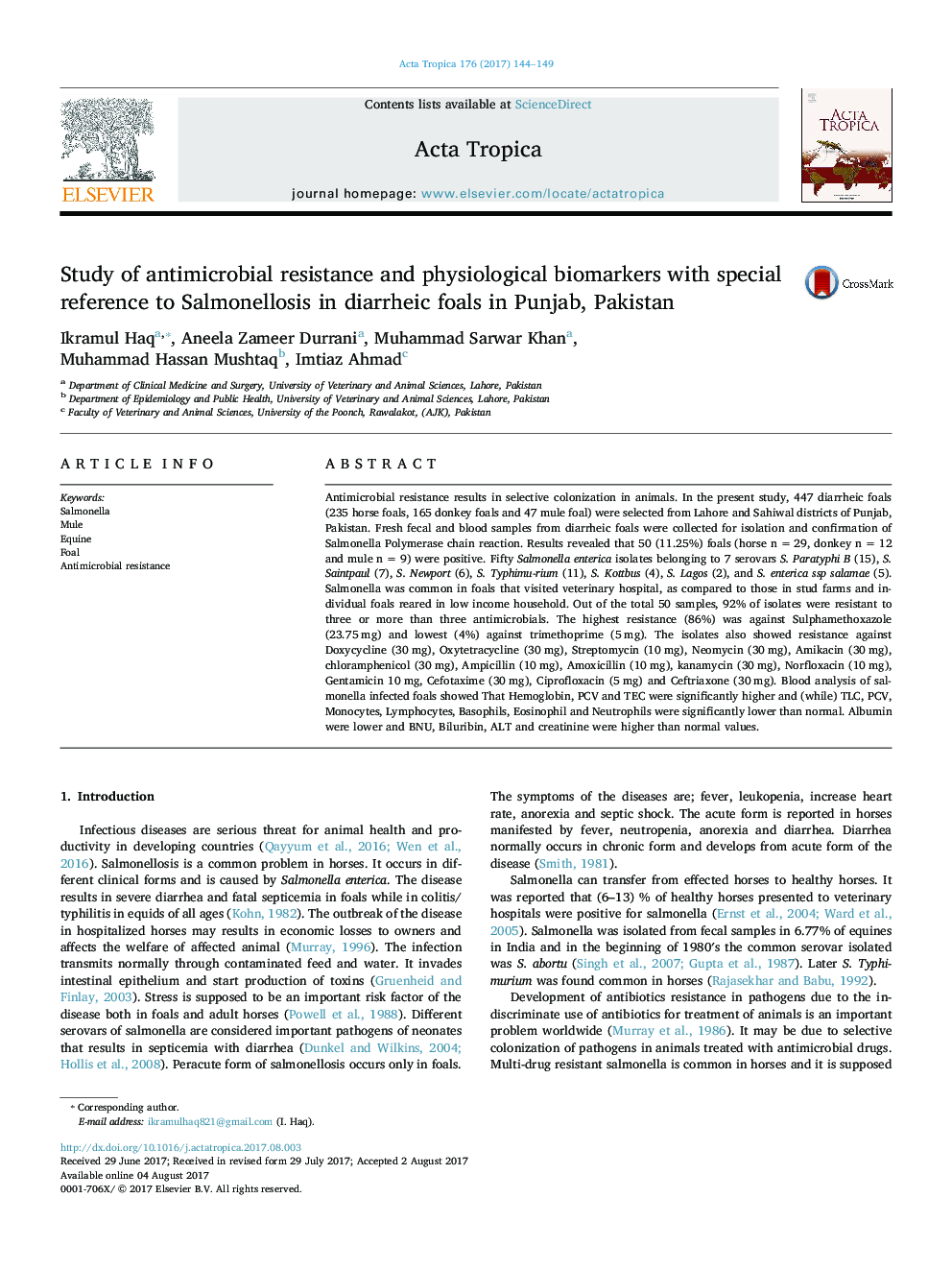 Study of antimicrobial resistance and physiological biomarkers with special reference to Salmonellosis in diarrheic foals in Punjab, Pakistan