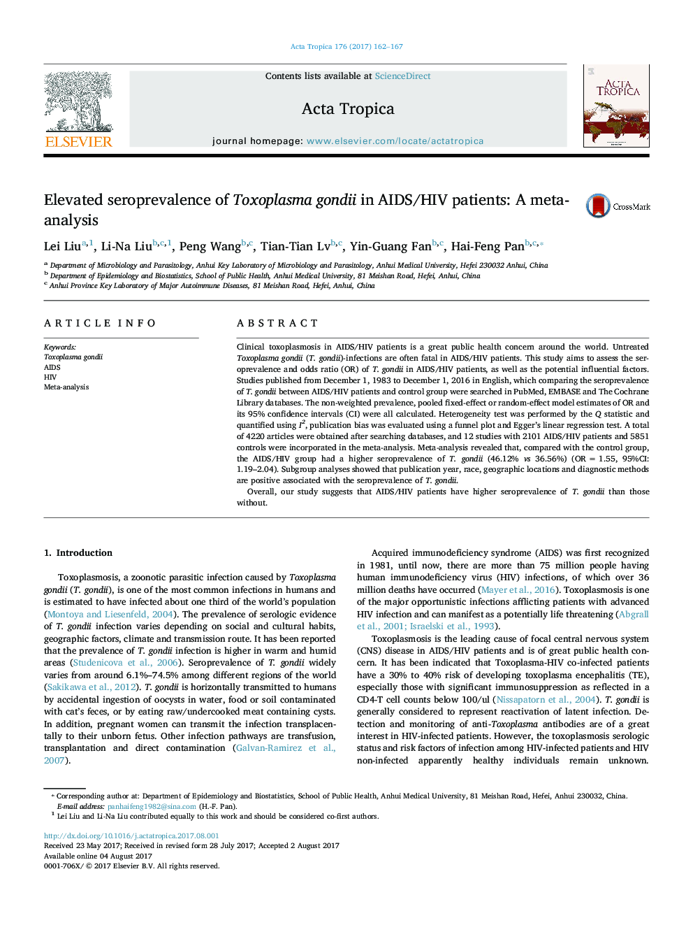 Elevated seroprevalence of Toxoplasma gondii in AIDS/HIV patients: A meta-analysis