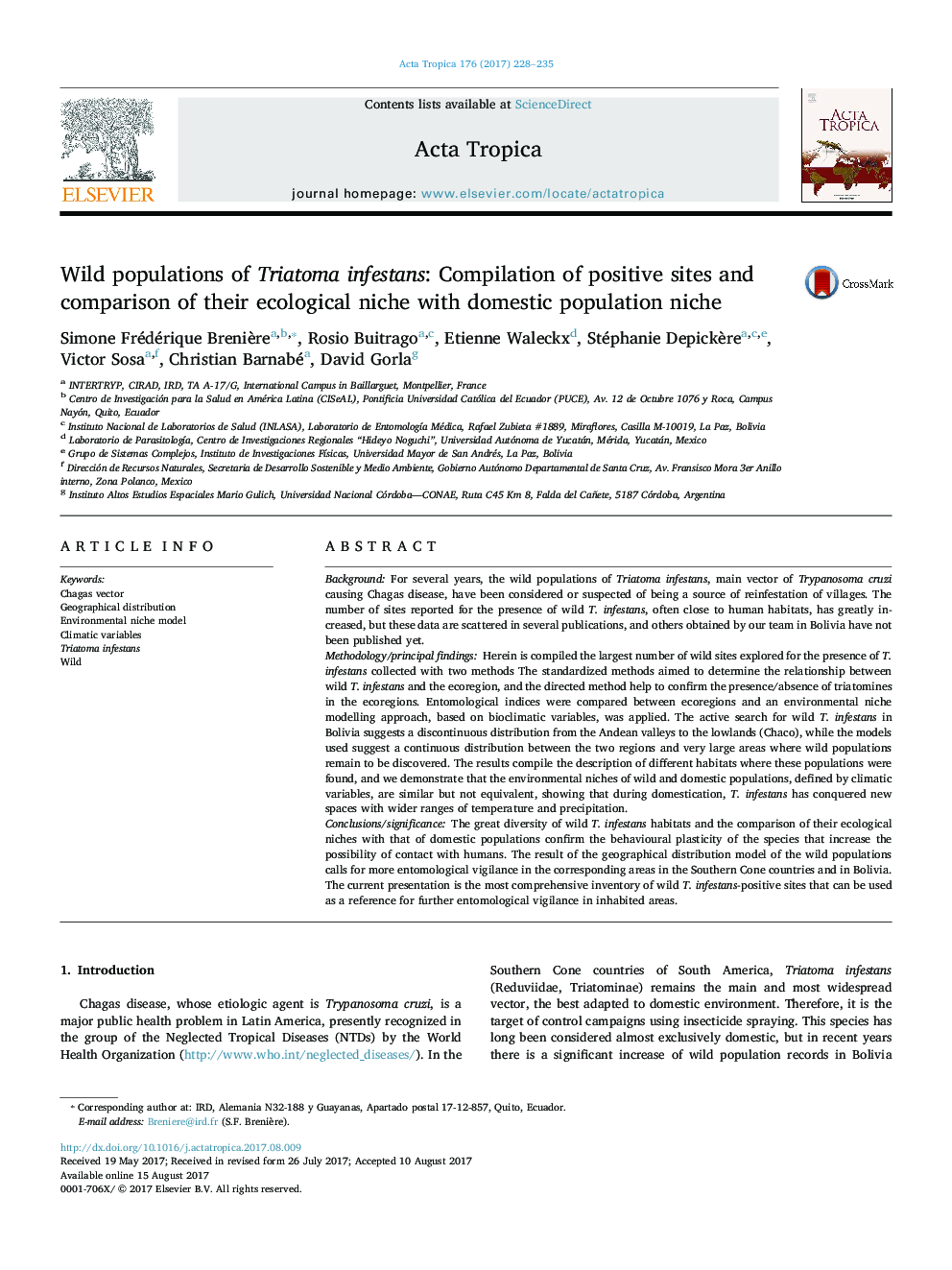 Wild populations of Triatoma infestans: Compilation of positive sites and comparison of their ecological niche with domestic population niche