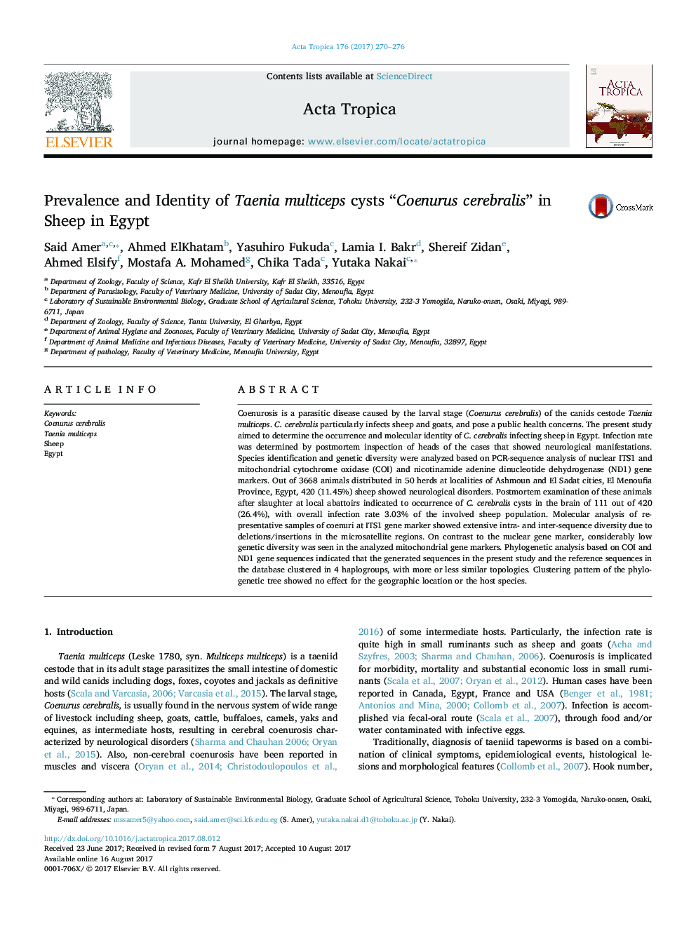 Prevalence and Identity of Taenia multiceps cysts “Coenurus cerebralis” in Sheep in Egypt