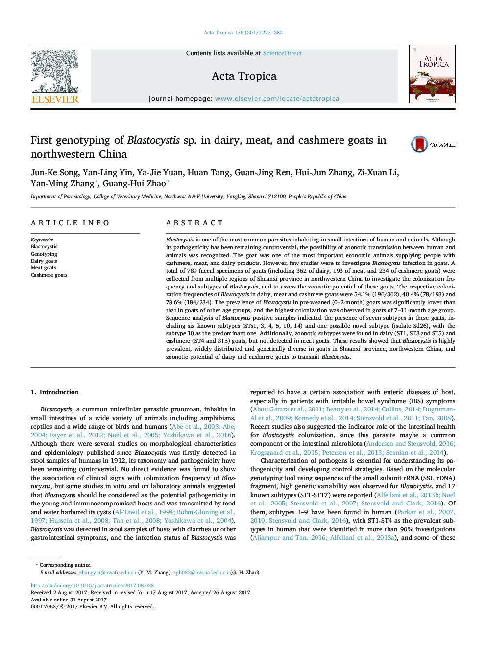 First genotyping of Blastocystis sp. in dairy, meat, and cashmere goats in northwestern China