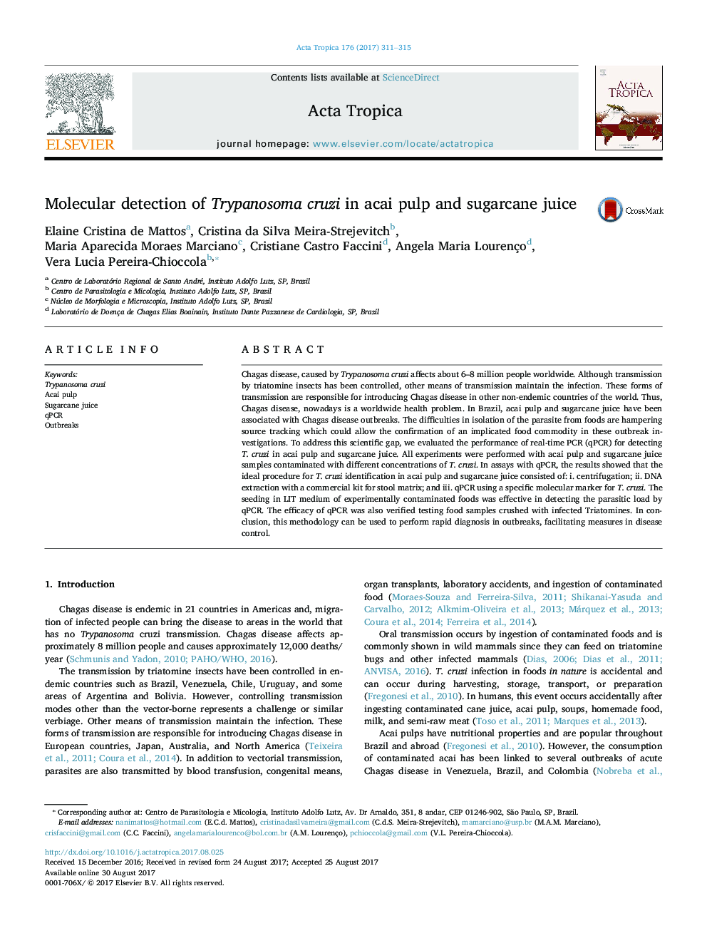 Molecular detection of Trypanosoma cruzi in acai pulp and sugarcane juice