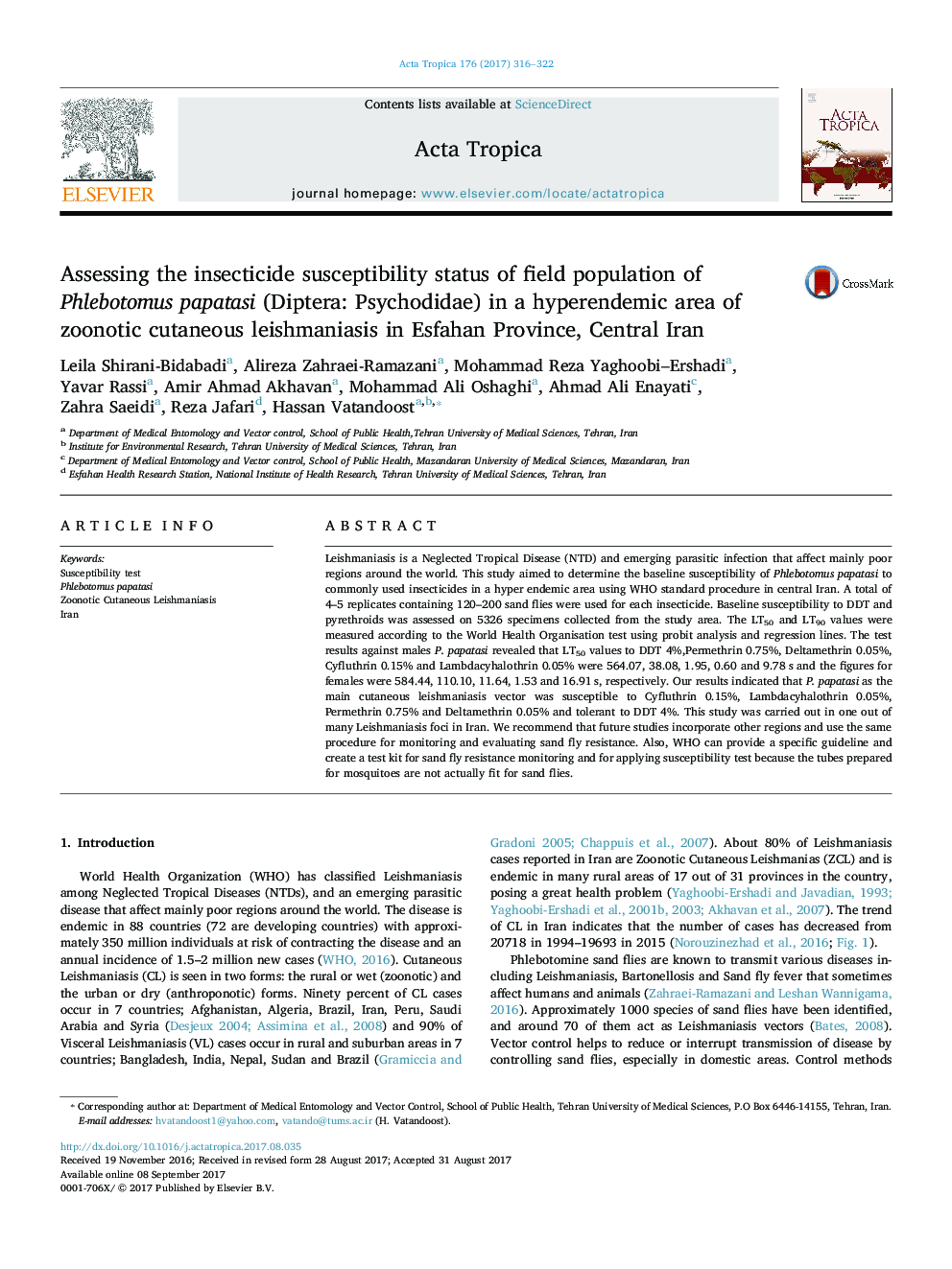 Assessing the insecticide susceptibility status of field population of Phlebotomus papatasi (Diptera: Psychodidae) in a hyperendemic area of zoonotic cutaneous leishmaniasis in Esfahan Province, Central Iran