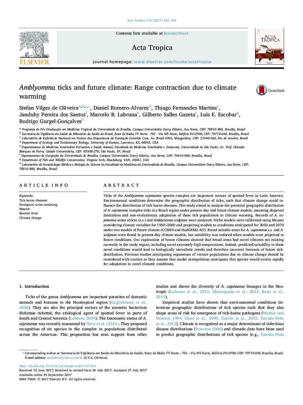 Amblyomma ticks and future climate: Range contraction due to climate warming