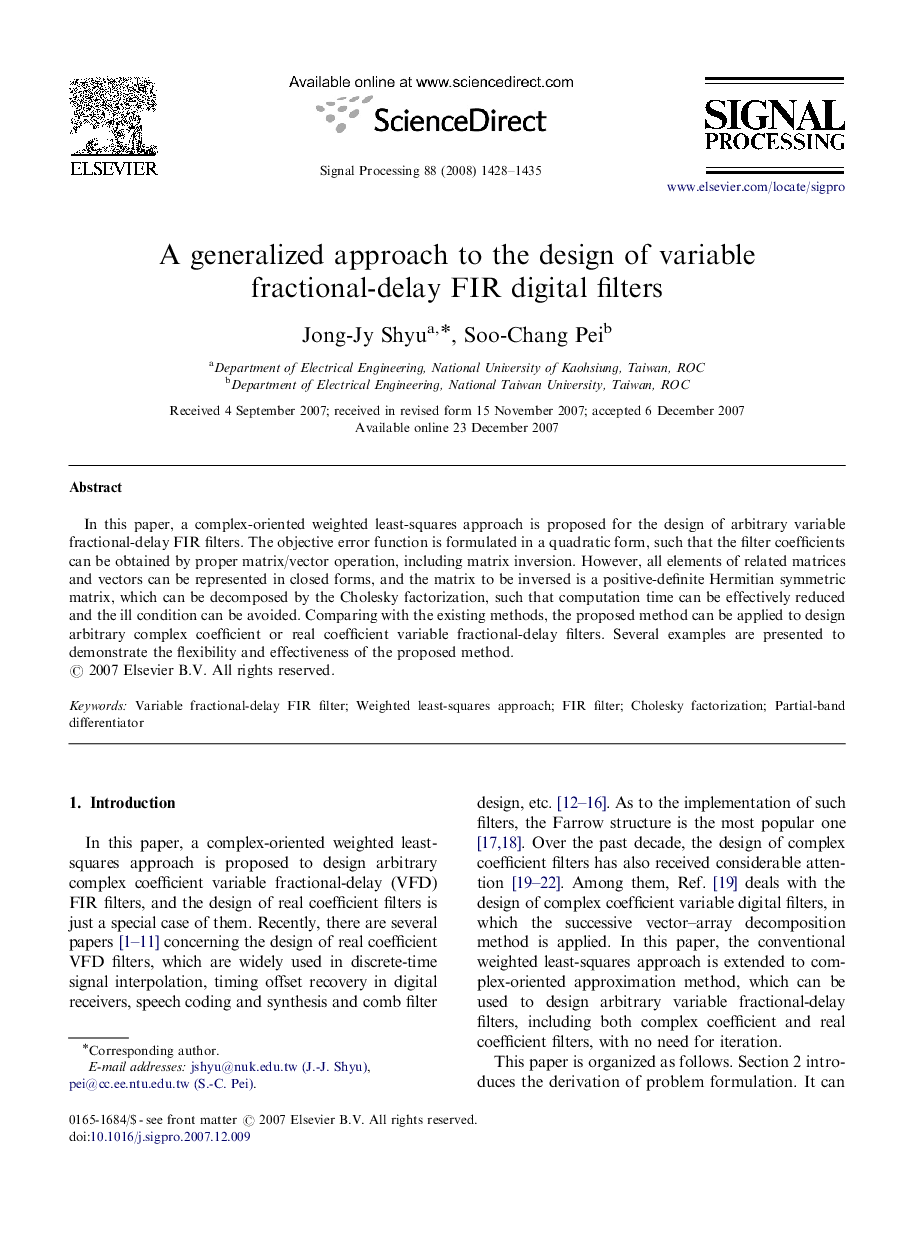 عکس صفحه اول مقاله: A generalized approach to the design of variable fractional-delay FIR digital filters A generalized approach to the design of variable fractional-delay FIR digital filters