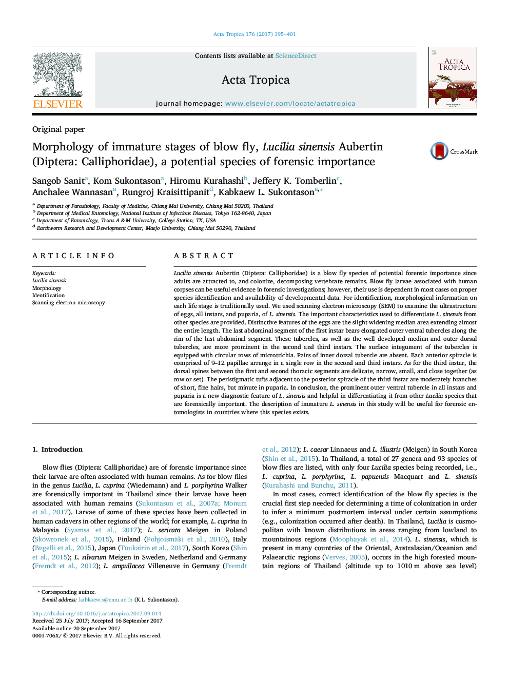 Morphology of immature stages of blow fly, Lucilia sinensis Aubertin (Diptera: Calliphoridae), a potential species of forensic importance