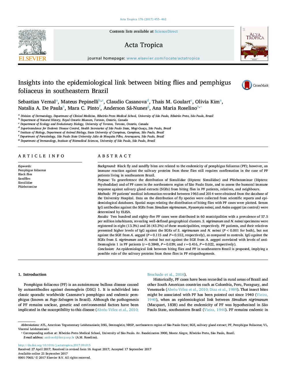 Insights into the epidemiological link between biting flies and pemphigus foliaceus in southeastern Brazil