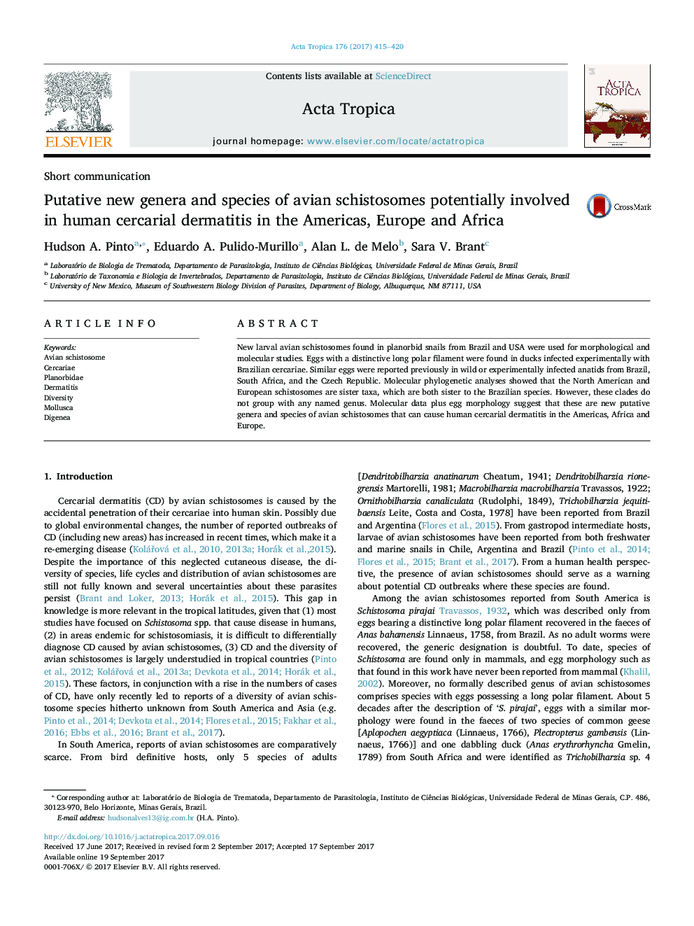 Putative new genera and species of avian schistosomes potentially involved in human cercarial dermatitis in the Americas, Europe and Africa