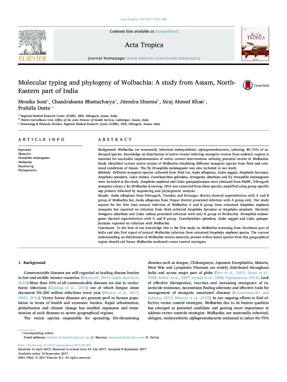 Molecular typing and phylogeny of Wolbachia: A study from Assam, North-Eastern part of India