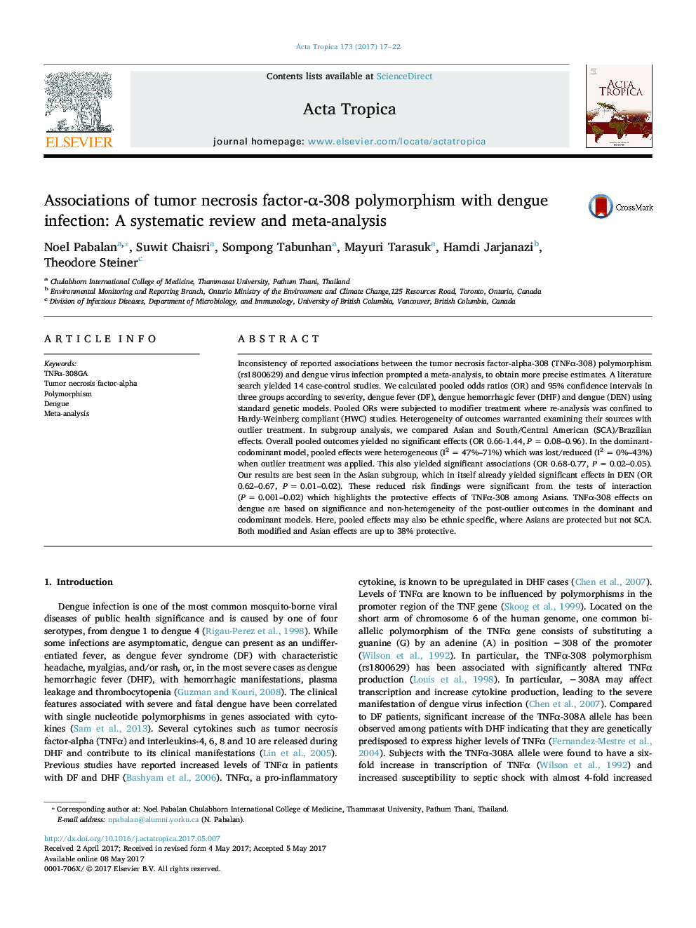 Associations of tumor necrosis factor-Î±-308 polymorphism with dengue infection: A systematic review and meta-analysis