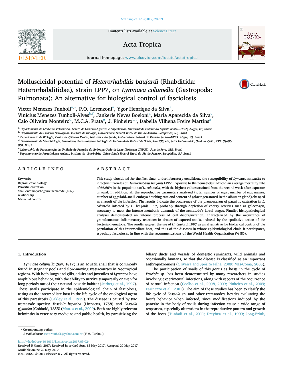 Molluscicidal potential of Heterorhabditis baujardi (Rhabditida: Heterorhabditidae), strain LPP7, on Lymnaea columella (Gastropoda: Pulmonata): An alternative for biological control of fasciolosis