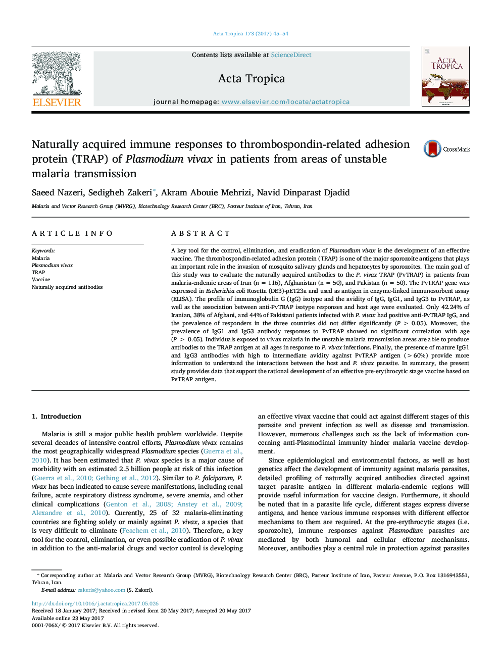 Naturally acquired immune responses to thrombospondin-related adhesion protein (TRAP) of Plasmodium vivax in patients from areas of unstable malaria transmission