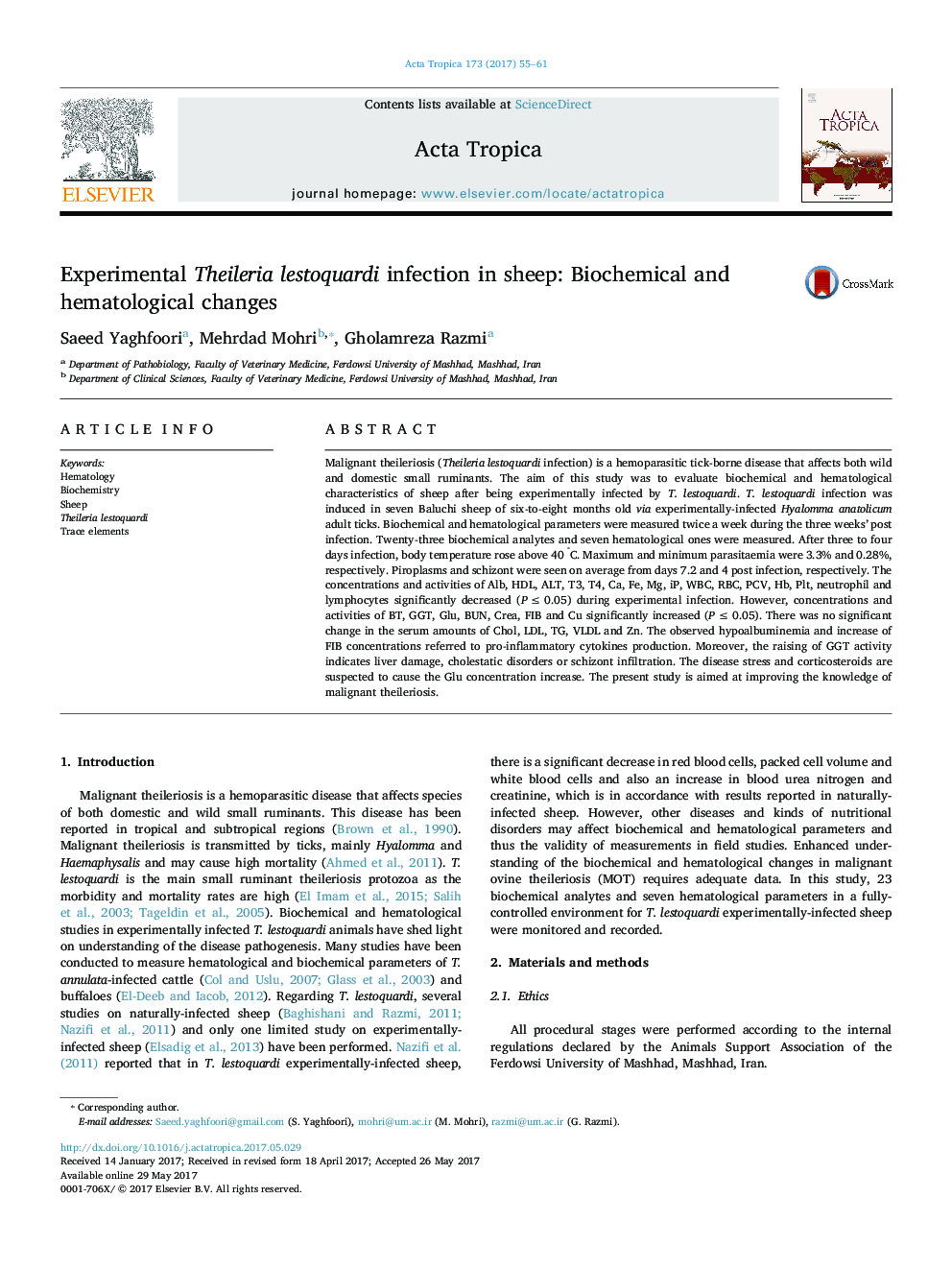 Experimental Theileria lestoquardi infection in sheep: Biochemical and hematological changes