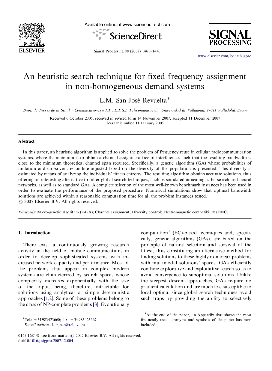 An heuristic search technique for fixed frequency assignment in non-homogeneous demand systems