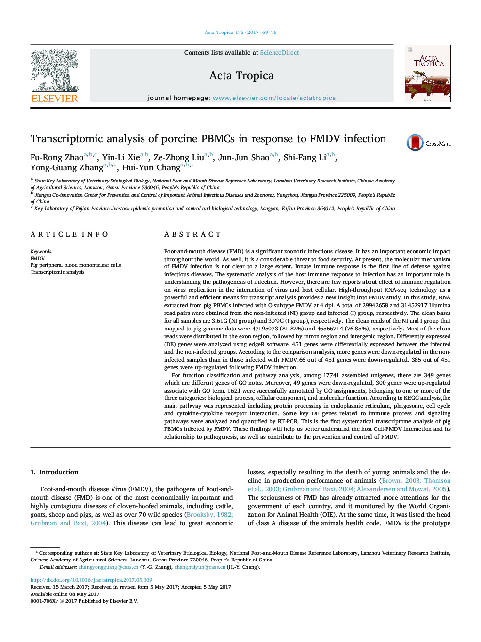 Transcriptomic analysis of porcine PBMCs in response to FMDV infection