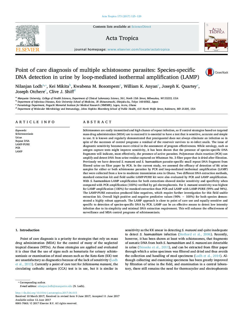 Point of care diagnosis of multiple schistosome parasites: Species-specific DNA detection in urine by loop-mediated isothermal amplification (LAMP)