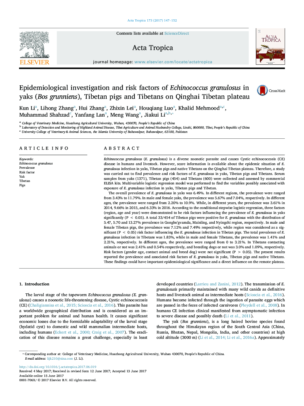 Epidemiological investigation and risk factors of Echinococcus granulosus in yaks (Bos grunniens), Tibetan pigs and Tibetans on Qinghai Tibetan plateau