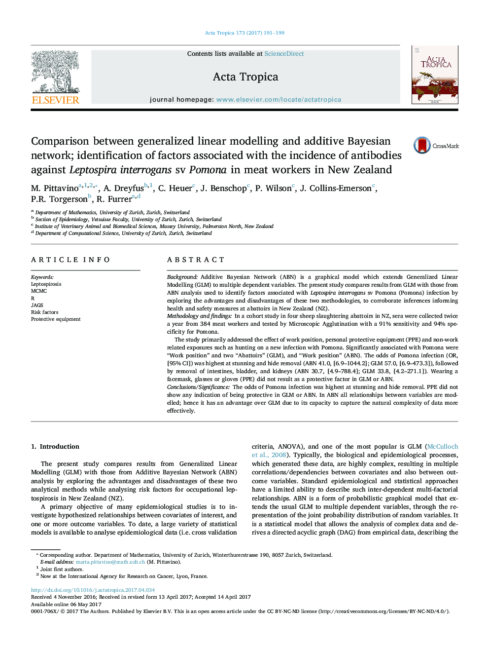 Comparison between generalized linear modelling and additive Bayesian network; identification of factors associated with the incidence of antibodies against Leptospira interrogans sv Pomona in meat workers in New Zealand