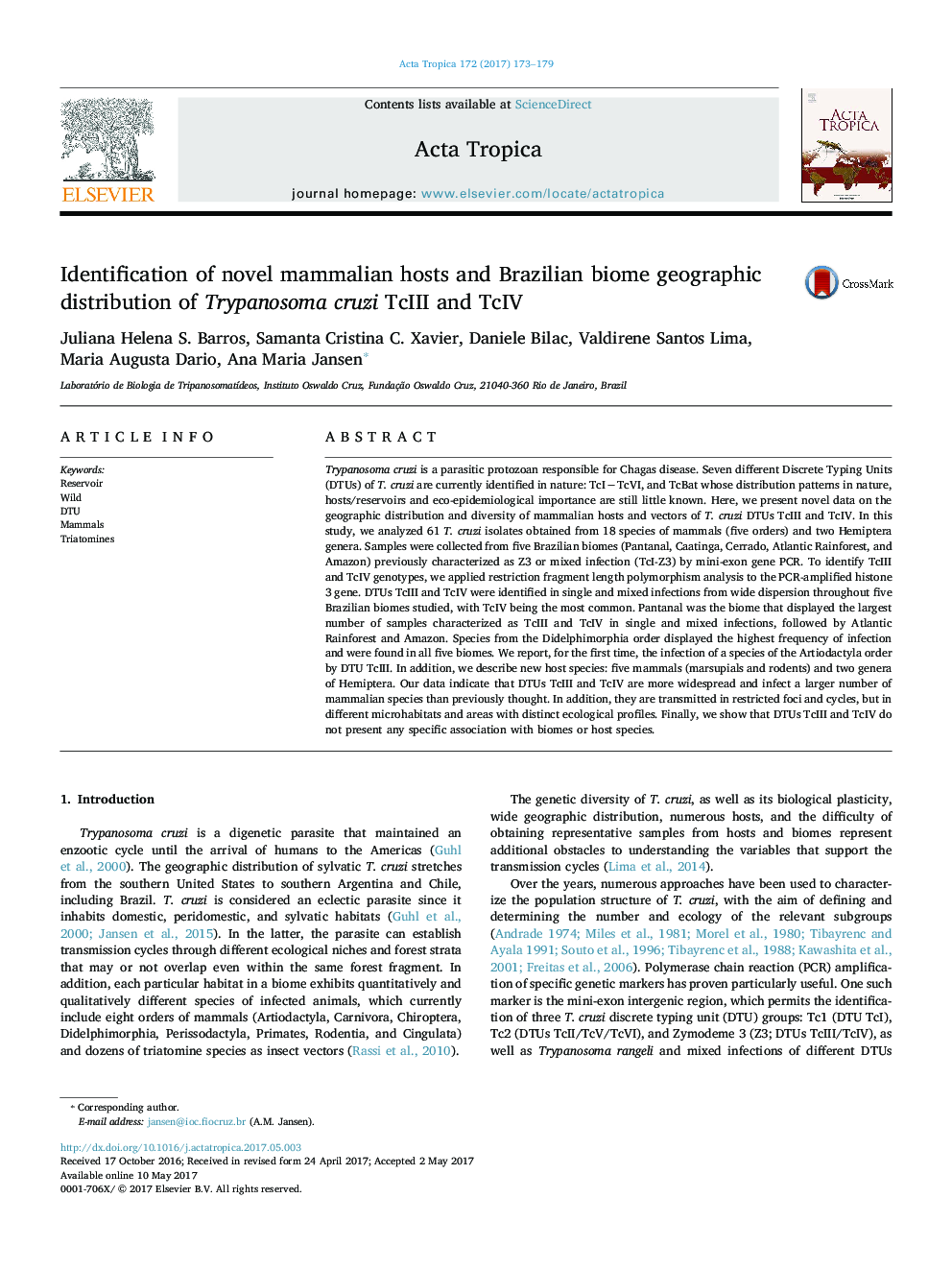 Identification of novel mammalian hosts and Brazilian biome geographic distribution of Trypanosoma cruzi TcIII and TcIV