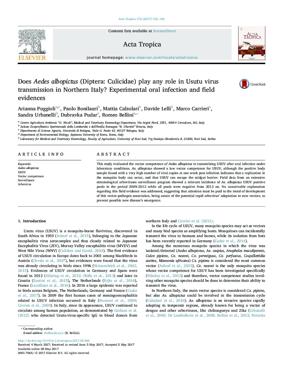 Does Aedes albopictus (Diptera: Culicidae) play any role in Usutu virus transmission in Northern Italy? Experimental oral infection and field evidences