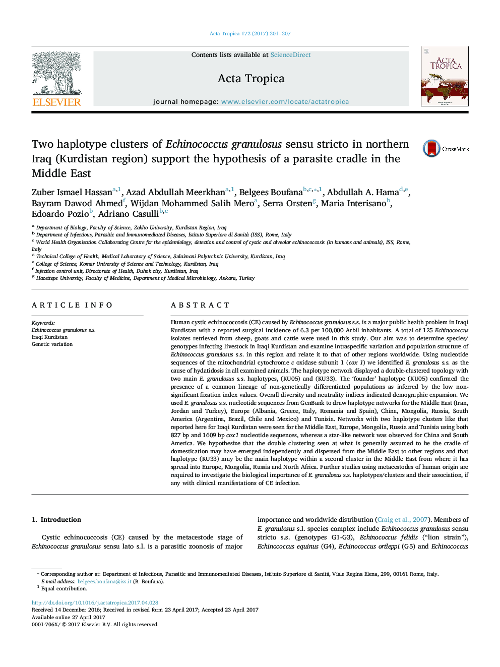 Two haplotype clusters of Echinococcus granulosus sensu stricto in northern Iraq (Kurdistan region) support the hypothesis of a parasite cradle in the Middle East