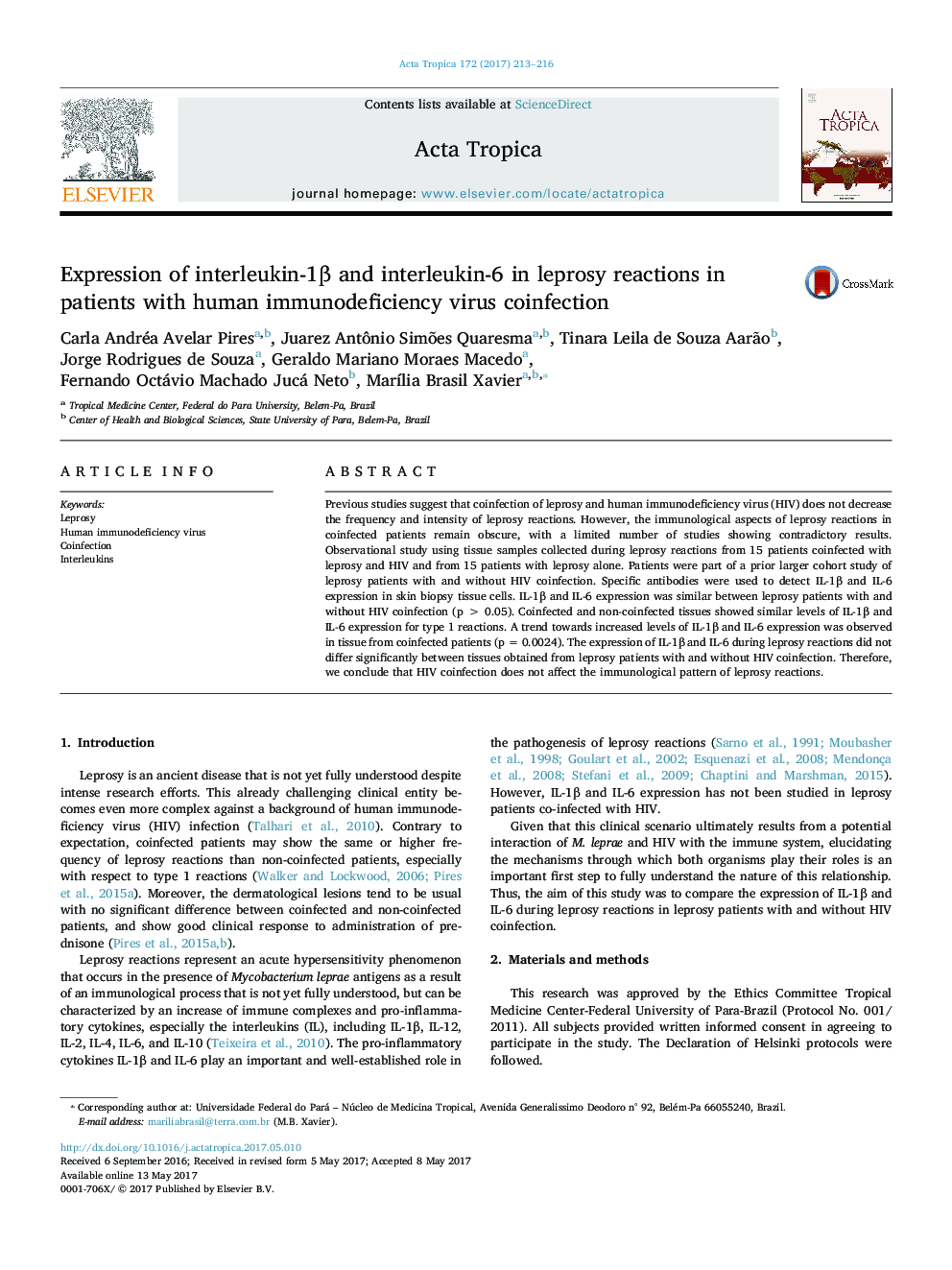 Expression of interleukin-1Î² and interleukin-6 in leprosy reactions in patients with human immunodeficiency virus coinfection