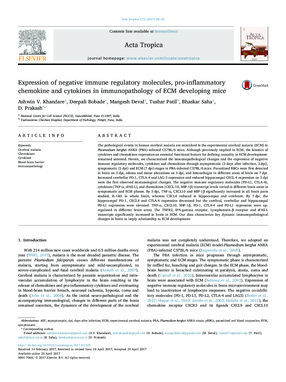 Expression of negative immune regulatory molecules, pro-inflammatory chemokine and cytokines in immunopathology of ECM developing mice