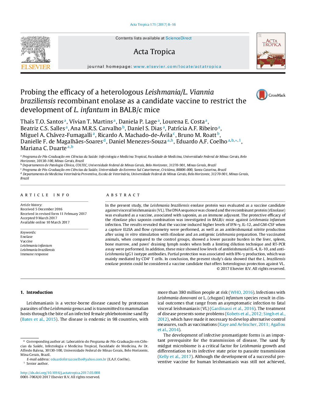 عکس صفحه اول مقاله: Probing the efficacy of a heterologous Leishmania/L. Viannia braziliensis recombinant enolase as a candidate vaccine to restrict the development of L. infantum in BALB/c mice Probing the efficacy of a heterologous Leishmania/L. Viannia braziliensis recombinant enolase as a candidate vaccine to restrict the development of L. infantum in BALB/c mice