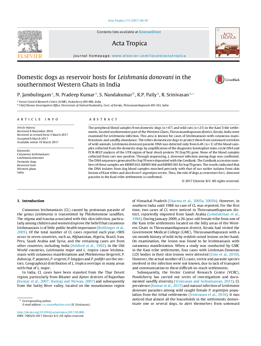 Domestic dogs as reservoir hosts for Leishmania donovani in the southernmost Western Ghats in India