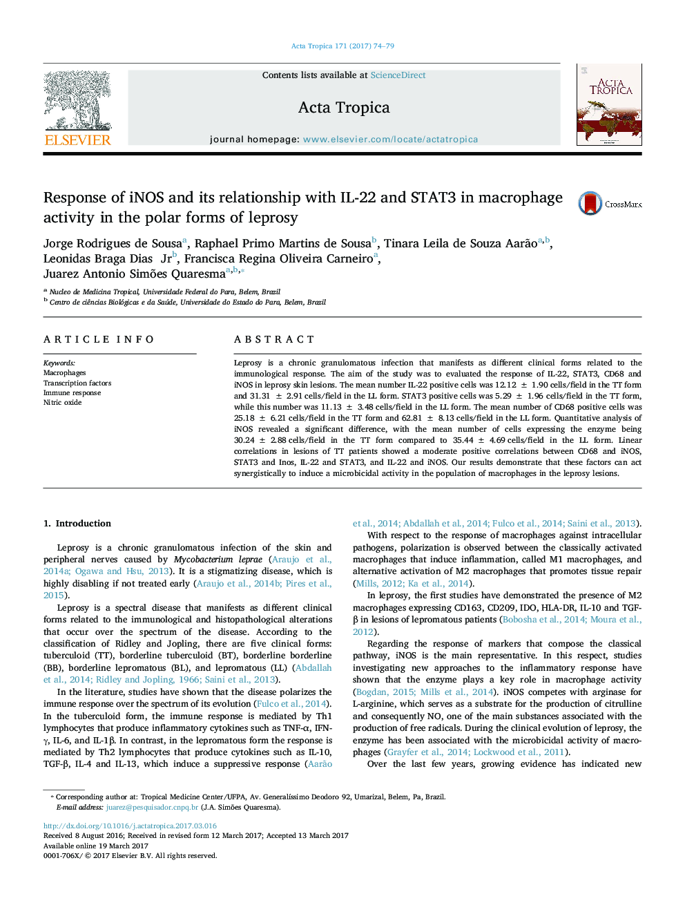 Response of iNOS and its relationship with IL-22 and STAT3 in macrophage activity in the polar forms of leprosy