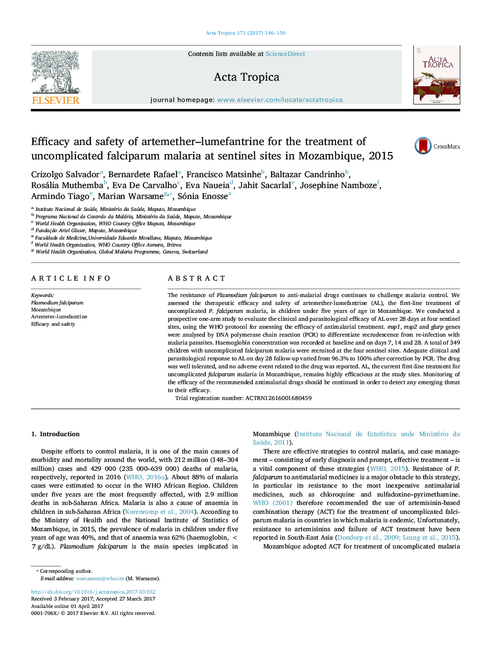 Efficacy and safety of artemether-lumefantrine for the treatment of uncomplicated falciparum malaria at sentinel sites in Mozambique, 2015